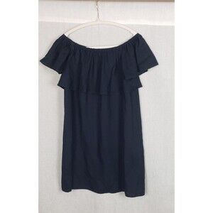 Saks Fifth Avenue Tunic Top Navy Blue S Off Shoulder 100% Linen Ruffle Boho Chic
